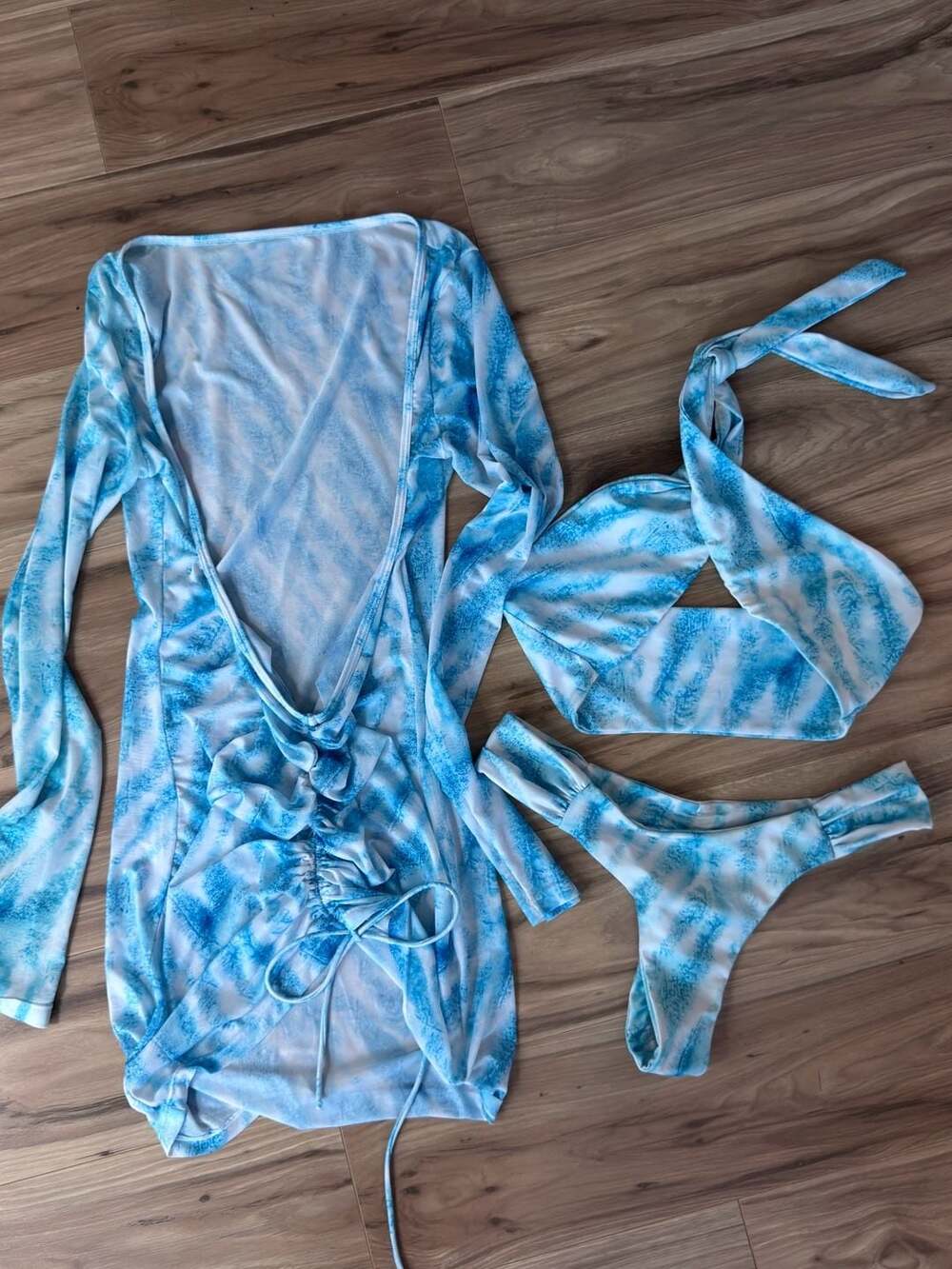 Three-Piece Tie-Dye Halter Bikini and Ruched Mini Cover-Up Dress Set